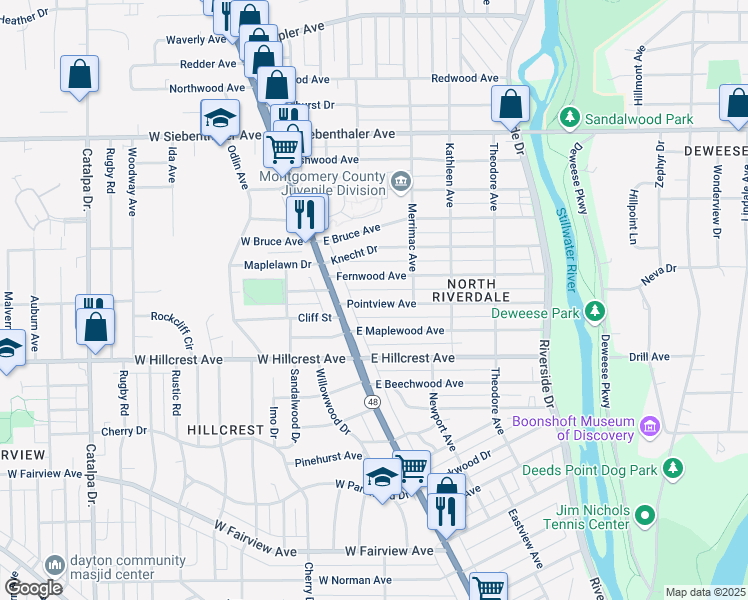 map of restaurants, bars, coffee shops, grocery stores, and more near 73 Fernwood Avenue in Dayton