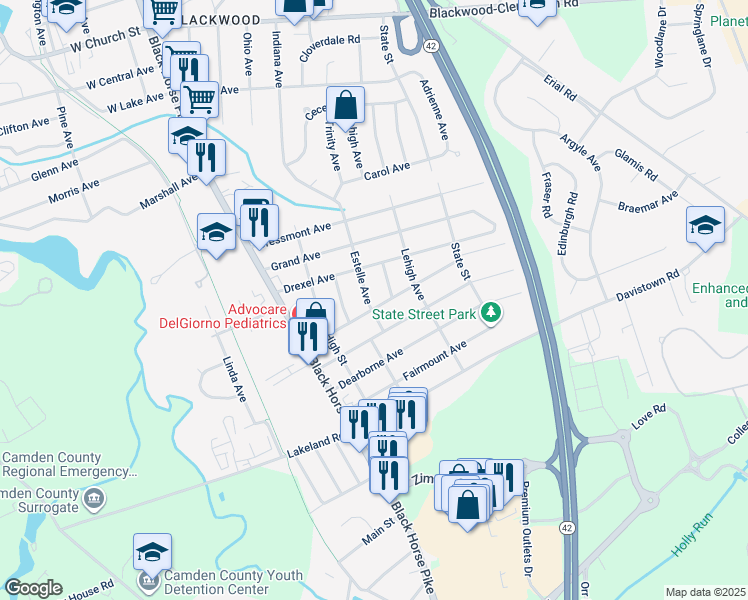 map of restaurants, bars, coffee shops, grocery stores, and more near 531 Estelle Avenue in Camden County