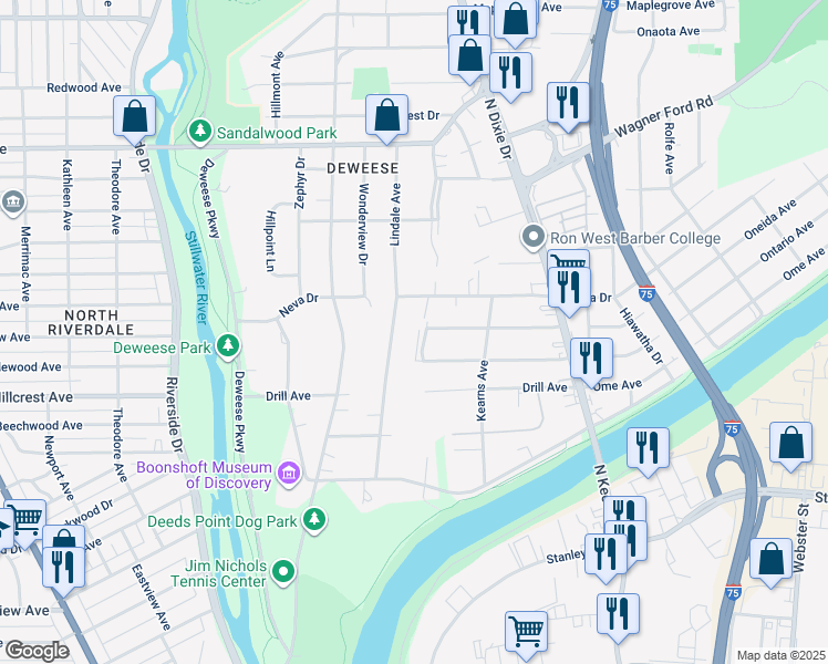 map of restaurants, bars, coffee shops, grocery stores, and more near 3057 Idylwilde Boulevard in Dayton