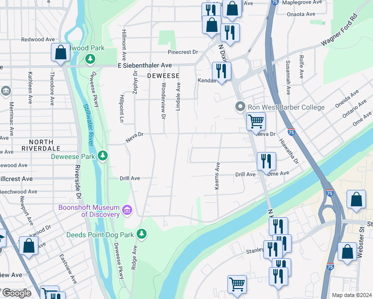map of restaurants, bars, coffee shops, grocery stores, and more near 3057 Idylwilde Boulevard in Dayton