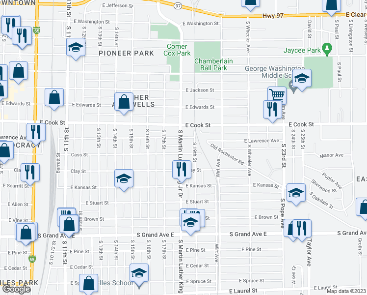 map of restaurants, bars, coffee shops, grocery stores, and more near 822 South Martin Luther King Junior Drive in Springfield