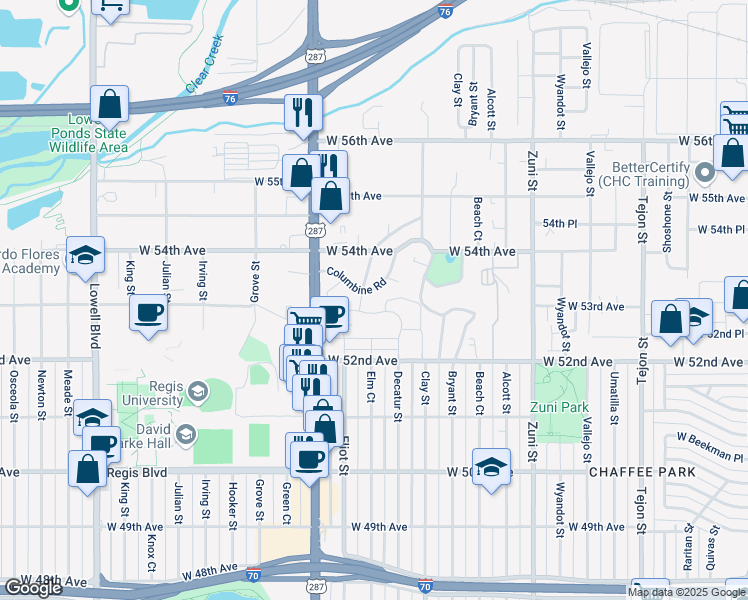 map of restaurants, bars, coffee shops, grocery stores, and more near 5302 Columbine Road in Denver