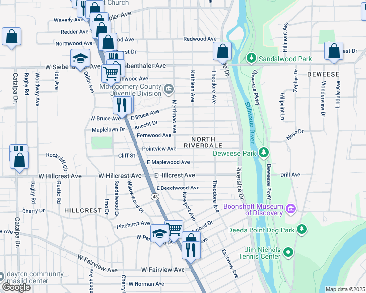map of restaurants, bars, coffee shops, grocery stores, and more near 104 Fernwood Avenue in Dayton