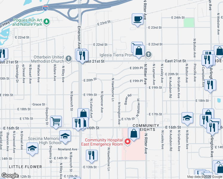 map of restaurants, bars, coffee shops, grocery stores, and more near 1938 North Hawthorne Lane in Indianapolis