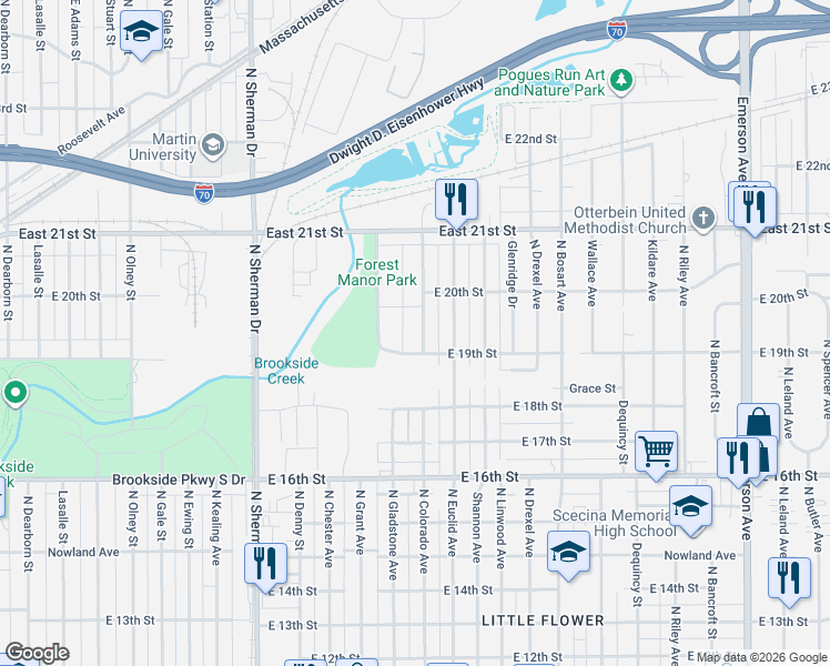 map of restaurants, bars, coffee shops, grocery stores, and more near 1933 North Colorado Avenue in Indianapolis