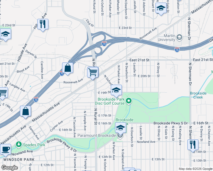 map of restaurants, bars, coffee shops, grocery stores, and more near 2852 East Brookside Avenue in Indianapolis