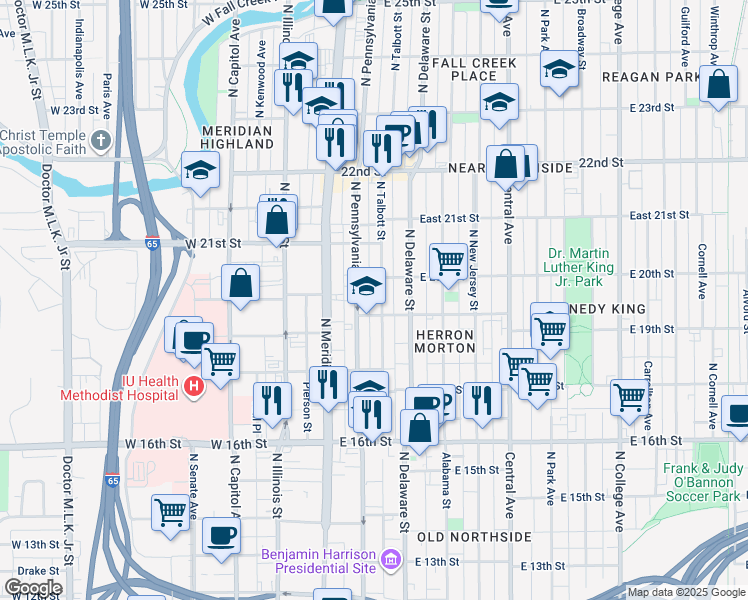 map of restaurants, bars, coffee shops, grocery stores, and more near 1925 North Pennsylvania Street in Indianapolis