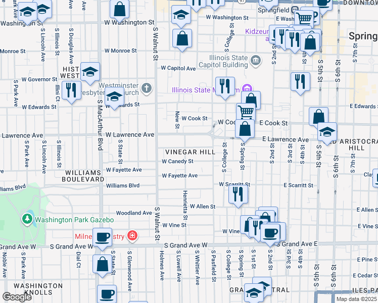 map of restaurants, bars, coffee shops, grocery stores, and more near 825 Henrietta Street in Springfield