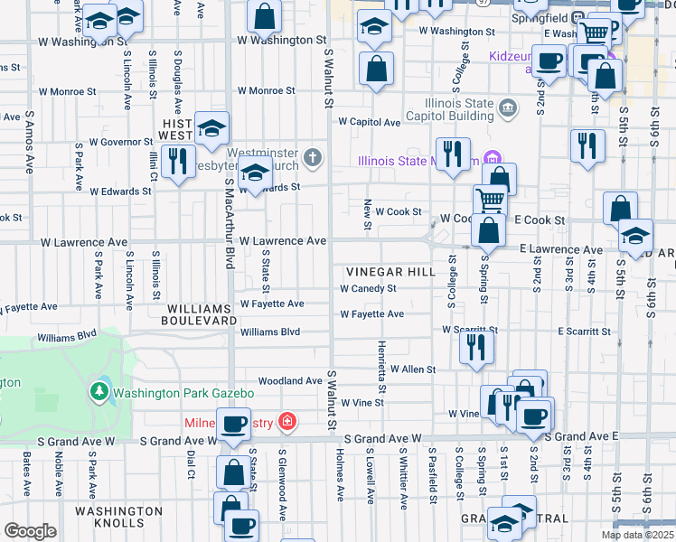 map of restaurants, bars, coffee shops, grocery stores, and more near 541 West Chenery Street in Springfield
