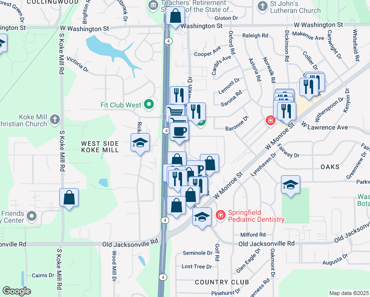 map of restaurants, bars, coffee shops, grocery stores, and more near 750 South Durkin Drive in Springfield