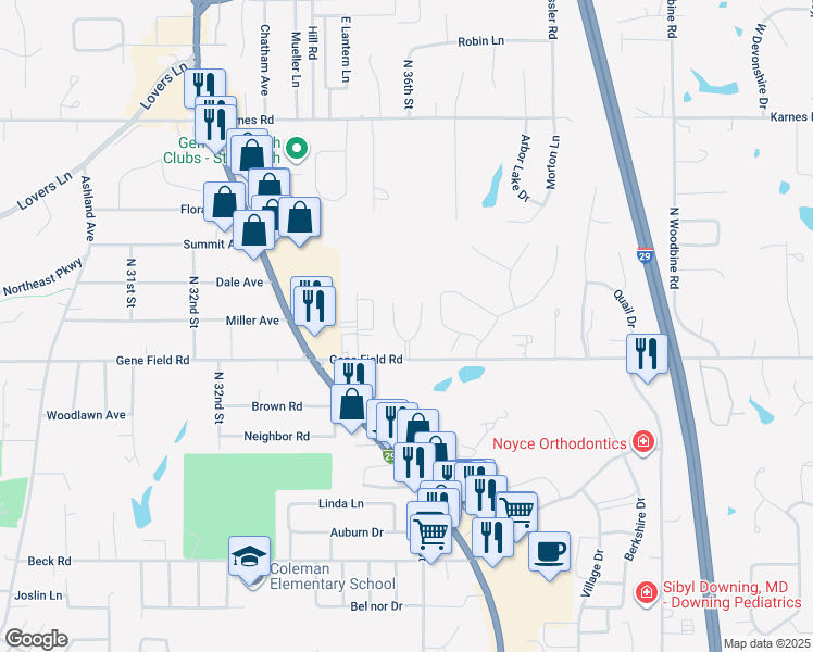 map of restaurants, bars, coffee shops, grocery stores, and more near 3515 Gene Field Road in Saint Joseph