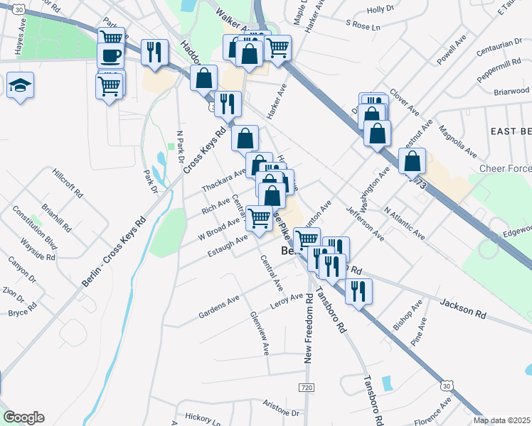 map of restaurants, bars, coffee shops, grocery stores, and more near 120 South White Horse Pike in Berlin