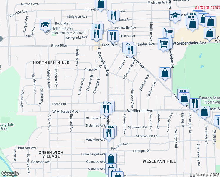 map of restaurants, bars, coffee shops, grocery stores, and more near 2620 North Gettysburg Avenue in Dayton