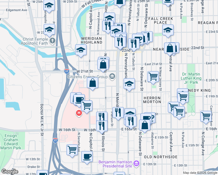 map of restaurants, bars, coffee shops, grocery stores, and more near 1939 North Illinois Street in Indianapolis