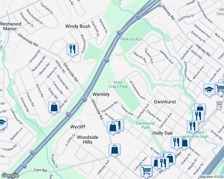 map of restaurants, bars, coffee shops, grocery stores, and more near 2 Rabbit Run in Wilmington