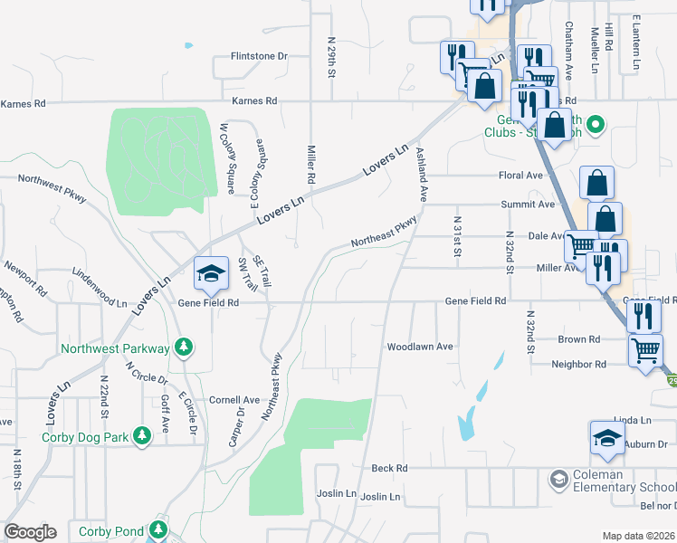 map of restaurants, bars, coffee shops, grocery stores, and more near 104 Ridge Drive in Saint Joseph