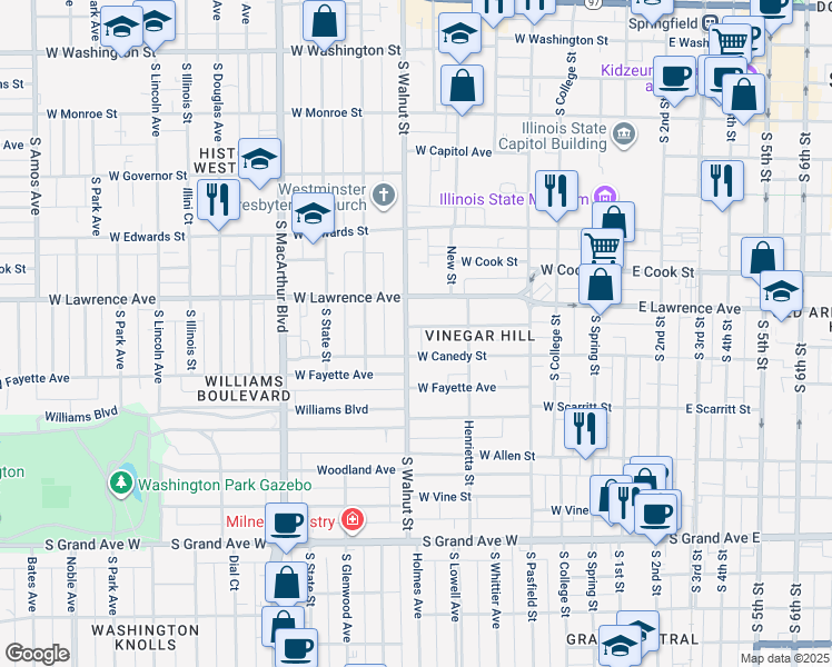 map of restaurants, bars, coffee shops, grocery stores, and more near 541 West Chenery Street in Springfield
