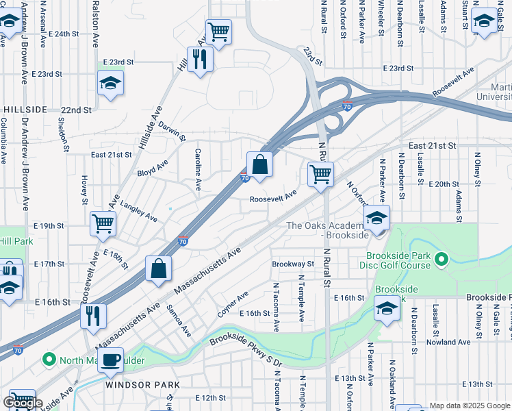 map of restaurants, bars, coffee shops, grocery stores, and more near 2407 Roosevelt Avenue in Indianapolis