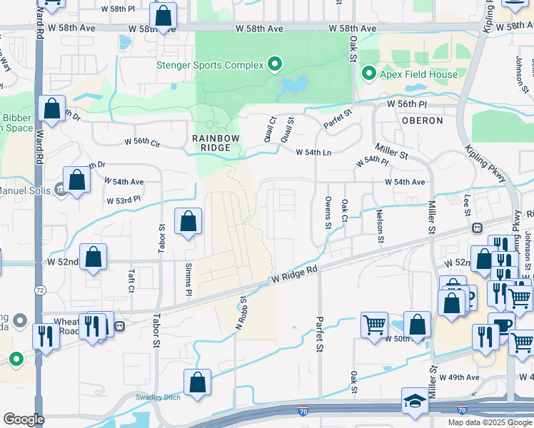 map of restaurants, bars, coffee shops, grocery stores, and more near 5342 Quail Way in Arvada