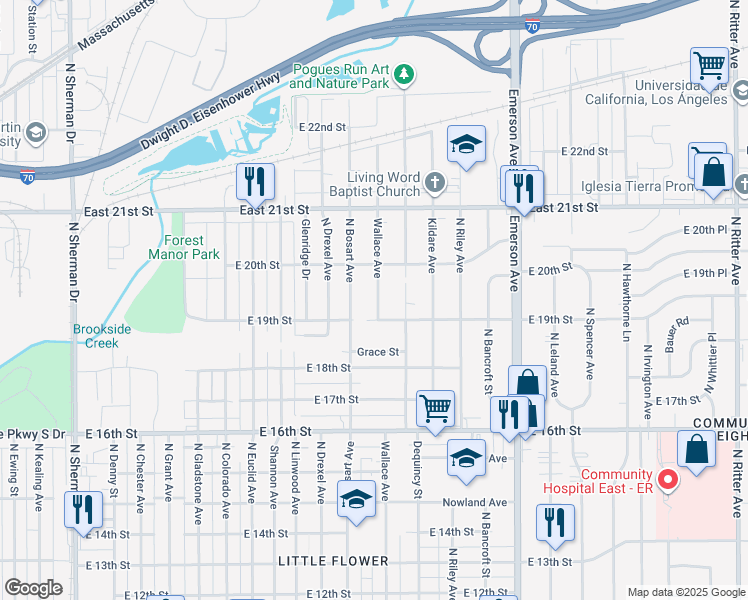 map of restaurants, bars, coffee shops, grocery stores, and more near 1924 Wallace Avenue in Indianapolis