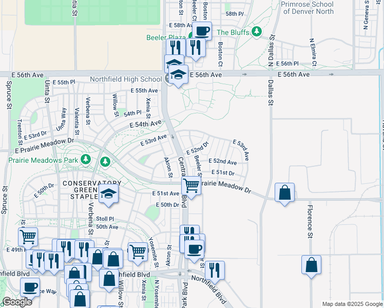 map of restaurants, bars, coffee shops, grocery stores, and more near 9170 East 52nd Drive in Denver