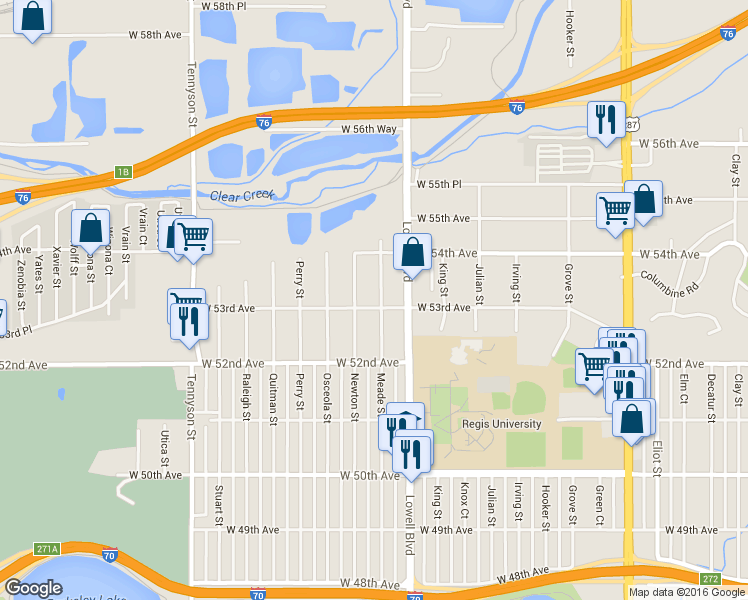 map of restaurants, bars, coffee shops, grocery stores, and more near 5305 Meade Street in Denver