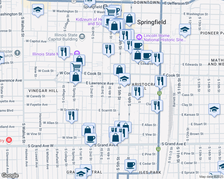 map of restaurants, bars, coffee shops, grocery stores, and more near 822 South 4th Street in Springfield