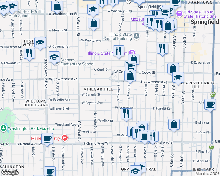 map of restaurants, bars, coffee shops, grocery stores, and more near 416 West Chenery Street in Springfield