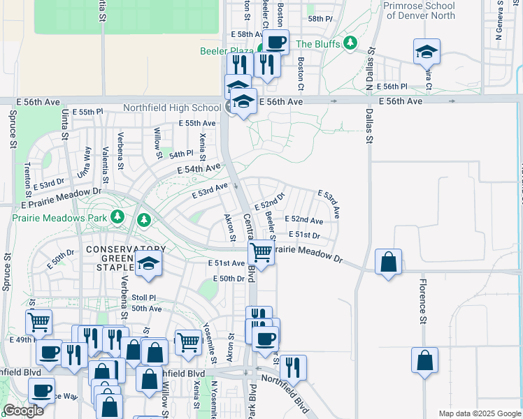 map of restaurants, bars, coffee shops, grocery stores, and more near 9211 East 52nd Drive in Denver
