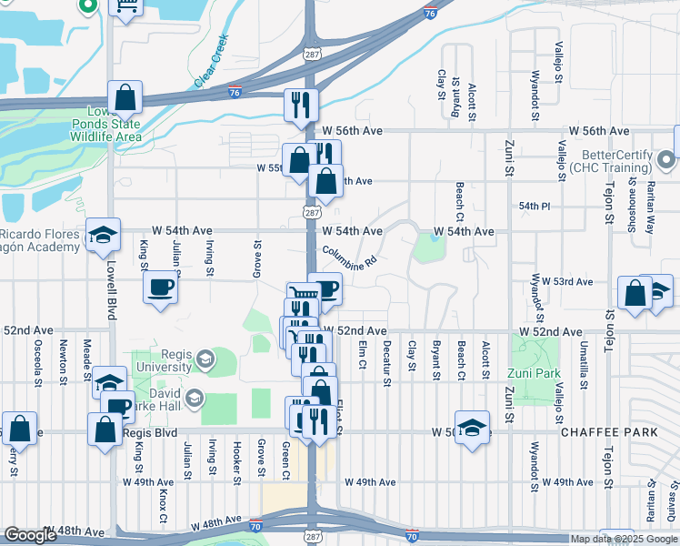 map of restaurants, bars, coffee shops, grocery stores, and more near 2850 Columbine Road in Denver