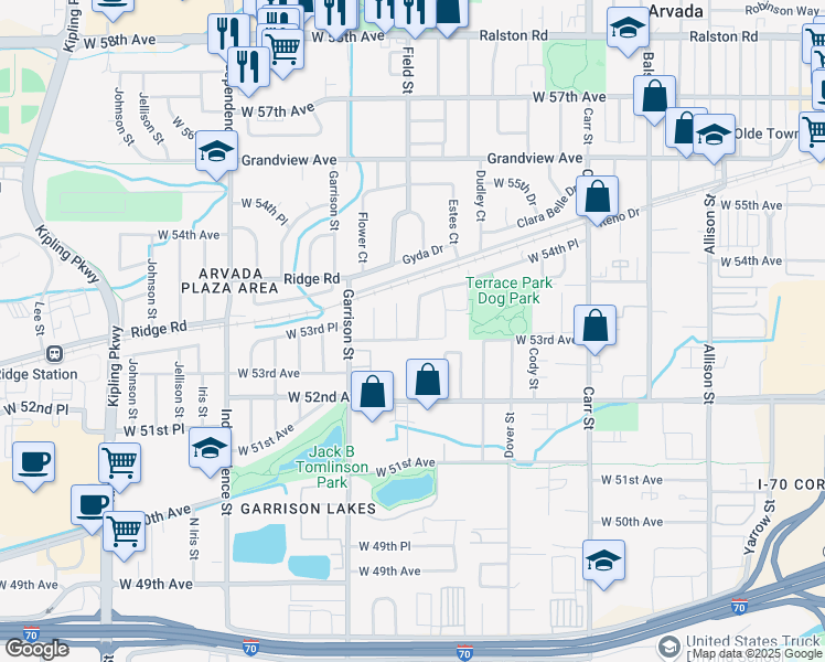 map of restaurants, bars, coffee shops, grocery stores, and more near 5353 Field Street in Arvada