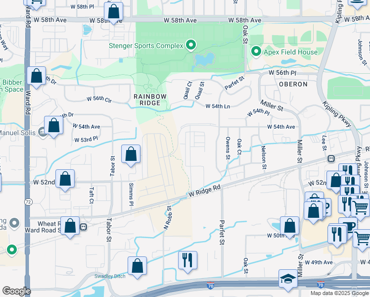 map of restaurants, bars, coffee shops, grocery stores, and more near 5342 Quail Way in Arvada