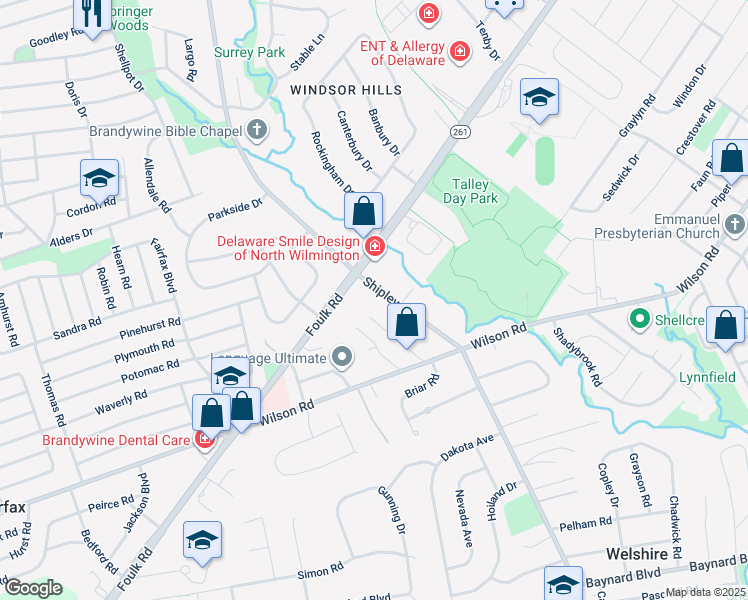 map of restaurants, bars, coffee shops, grocery stores, and more near 1818 Shipley Road in Wilmington