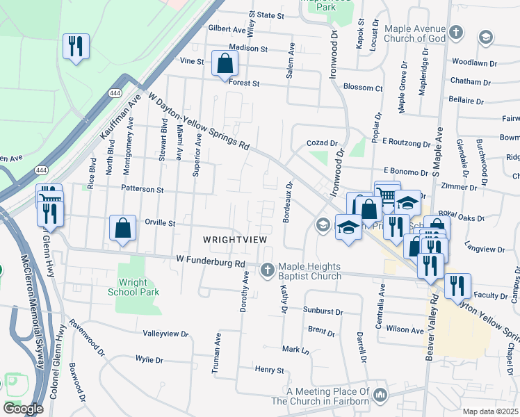 map of restaurants, bars, coffee shops, grocery stores, and more near 1800 Woodvine Street in Fairborn