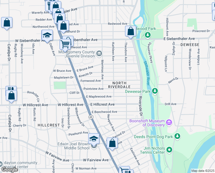 map of restaurants, bars, coffee shops, grocery stores, and more near 104 Fernwood Avenue in Dayton