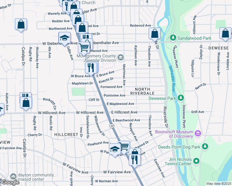 map of restaurants, bars, coffee shops, grocery stores, and more near 73 Fernwood Avenue in Dayton