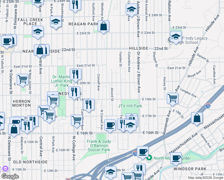 map of restaurants, bars, coffee shops, grocery stores, and more near 1947 Alvord Street in Indianapolis