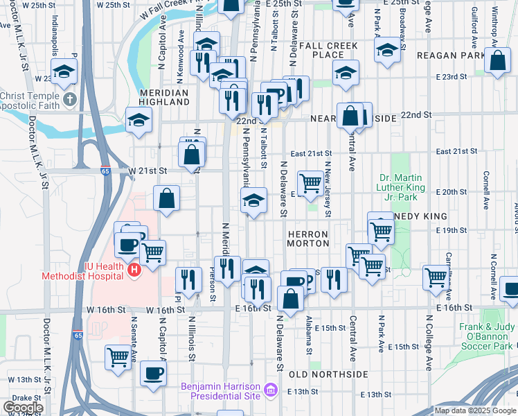 map of restaurants, bars, coffee shops, grocery stores, and more near 1925 North Pennsylvania Street in Indianapolis