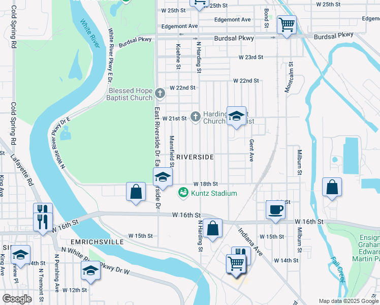 map of restaurants, bars, coffee shops, grocery stores, and more near in Indianapolis