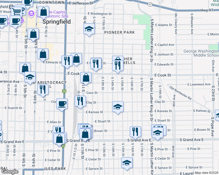 map of restaurants, bars, coffee shops, grocery stores, and more near 801-899 South 14th Street in Springfield