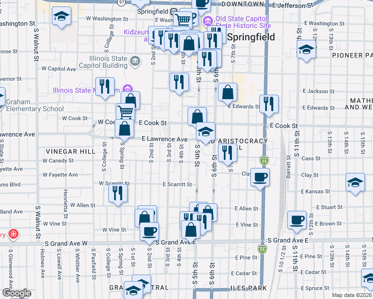 map of restaurants, bars, coffee shops, grocery stores, and more near 812 South 4th Street in Springfield