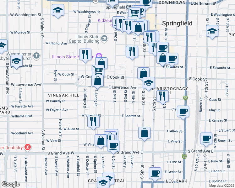map of restaurants, bars, coffee shops, grocery stores, and more near 808 South 2nd Street in Springfield
