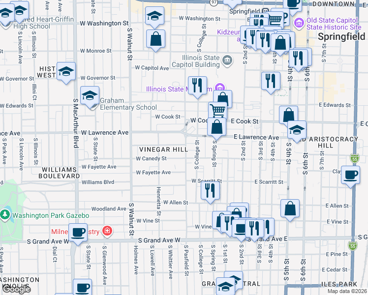 map of restaurants, bars, coffee shops, grocery stores, and more near 815 South College Street in Springfield