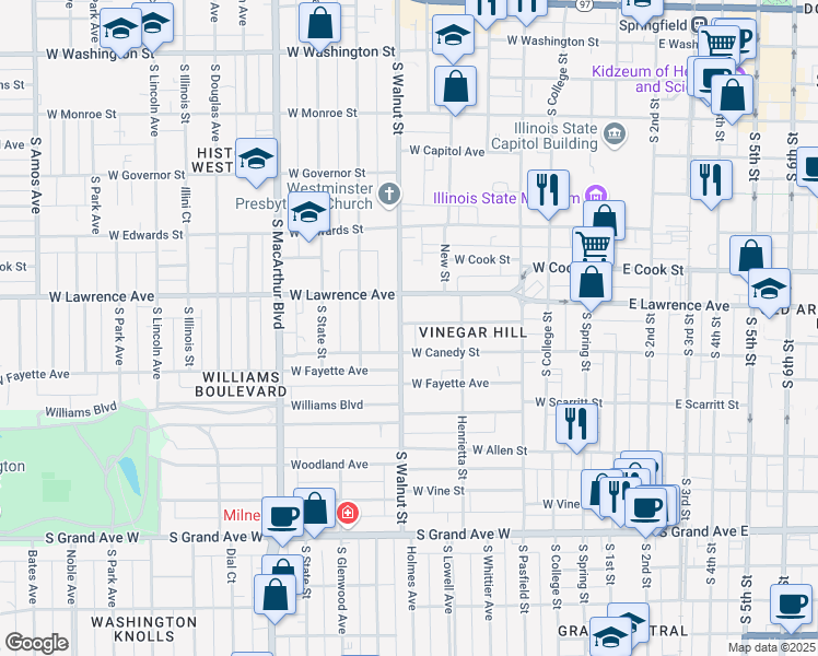map of restaurants, bars, coffee shops, grocery stores, and more near 541 West Chenery Street in Springfield