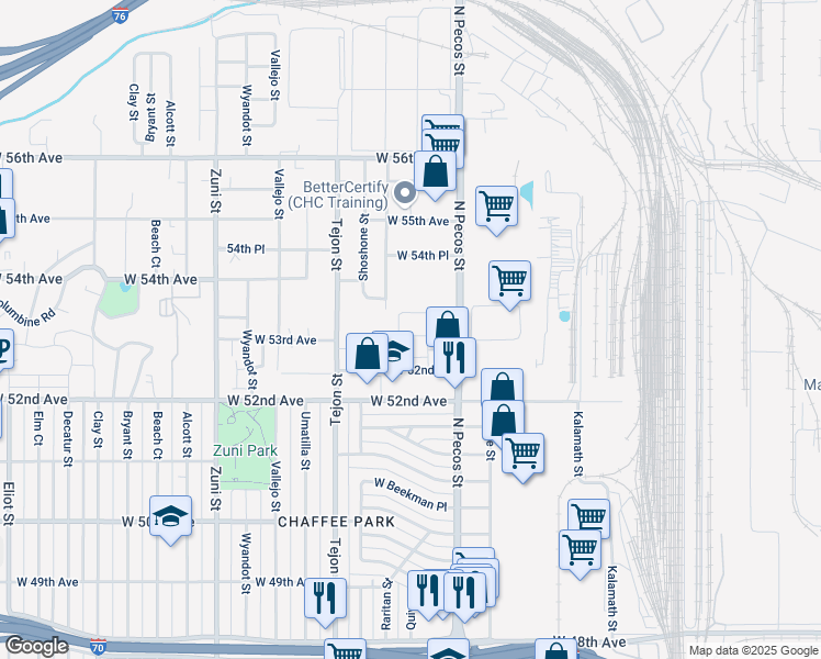 map of restaurants, bars, coffee shops, grocery stores, and more near 5320 Raritan Way in Denver