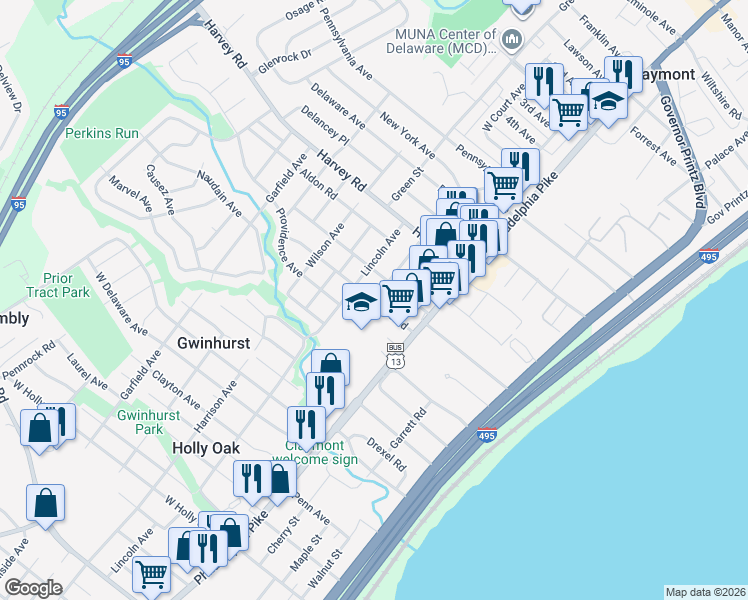 map of restaurants, bars, coffee shops, grocery stores, and more near 2500 Lincoln Avenue in Claymont
