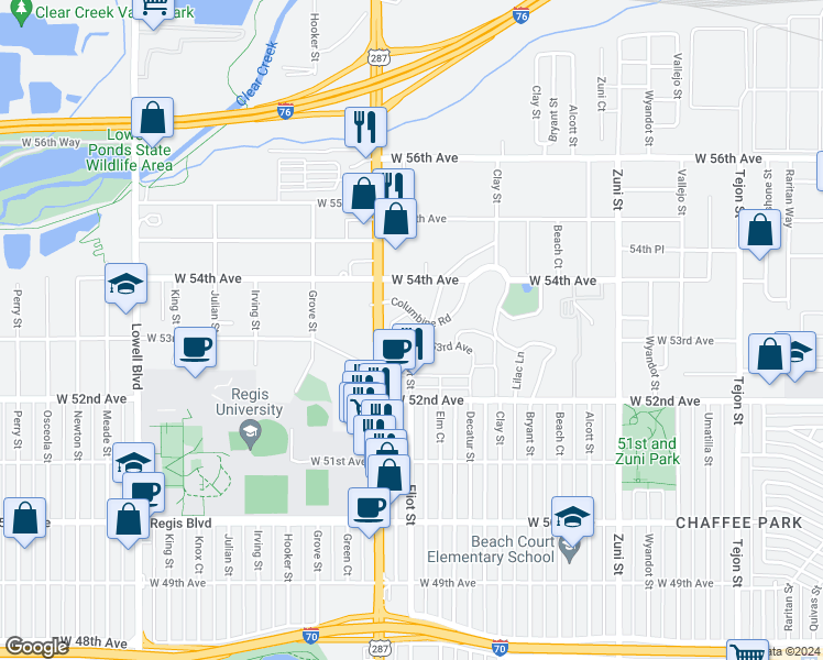 map of restaurants, bars, coffee shops, grocery stores, and more near 2850 Columbine Road in Denver