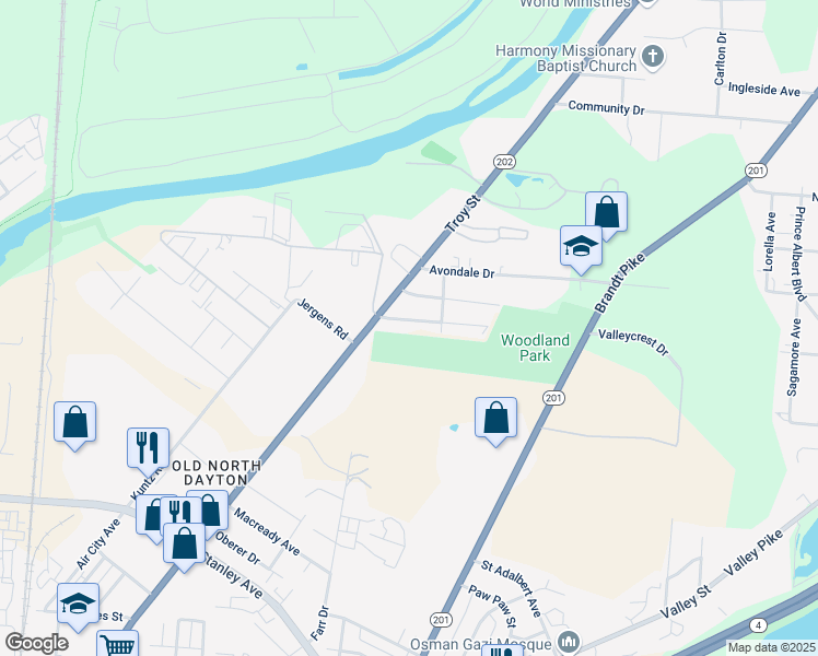 map of restaurants, bars, coffee shops, grocery stores, and more near 25 Woodsdale Road in Dayton