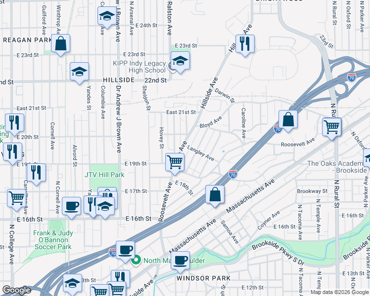 map of restaurants, bars, coffee shops, grocery stores, and more near 1960 Hillside Avenue in Indianapolis