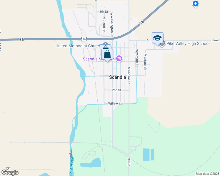 map of restaurants, bars, coffee shops, grocery stores, and more near 201 Washington Street in Scandia